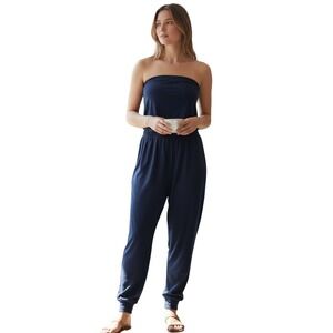 Bishop + Young Navy Blue Strapless Elastic Waist Jumpsuit XS